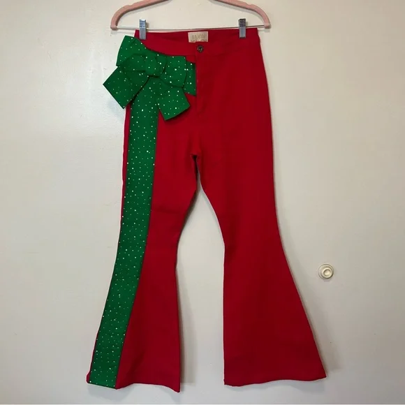 Judith March Red Flare Pants with Green Side Bow. Medium. NWOT - Picture 2 of 9
